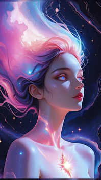Kosmisk drömgudinna Naken kvinna flytande i surreal fantasi dreamscape ai art bildspel