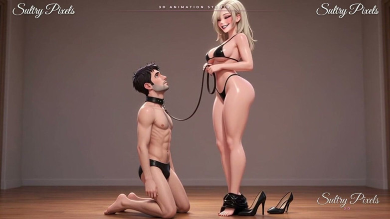 Sultry Pixels 3D: Vysoká latexová blondýnka vede svého límečkového muže za vodítko - noha...