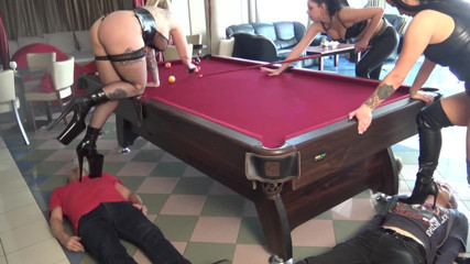 Femdom Austria: Pool billiard femdom party with 3 slaves! Trampled, balls destroyed, whipped...