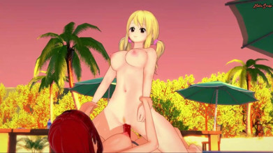 Lucy Heartfilia and Erza Scarlet have lesbian sex on the beach before using a strapon - Fairy tail Hentai