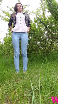 Desperate Skinny Girl in Jeans Trying to Hold Her Pee in the Forest