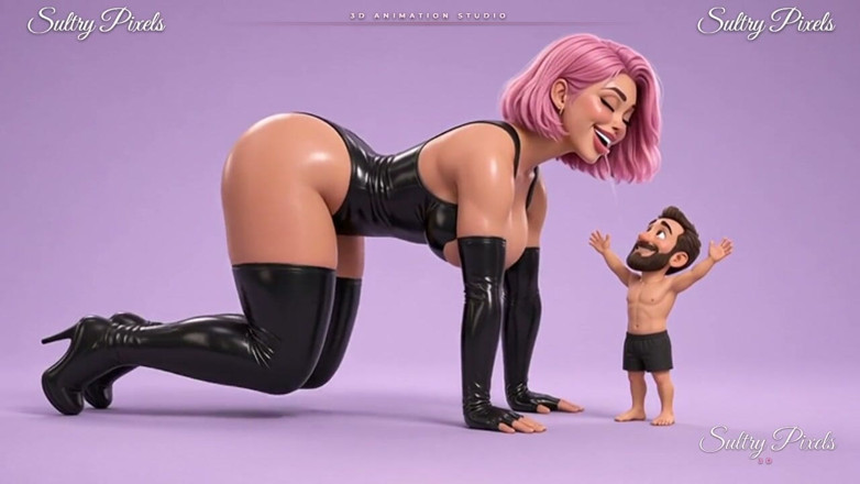 Sultry Pixels 3D: Pink-haired Latex Mistress Crawls Down for a Long Kiss with...