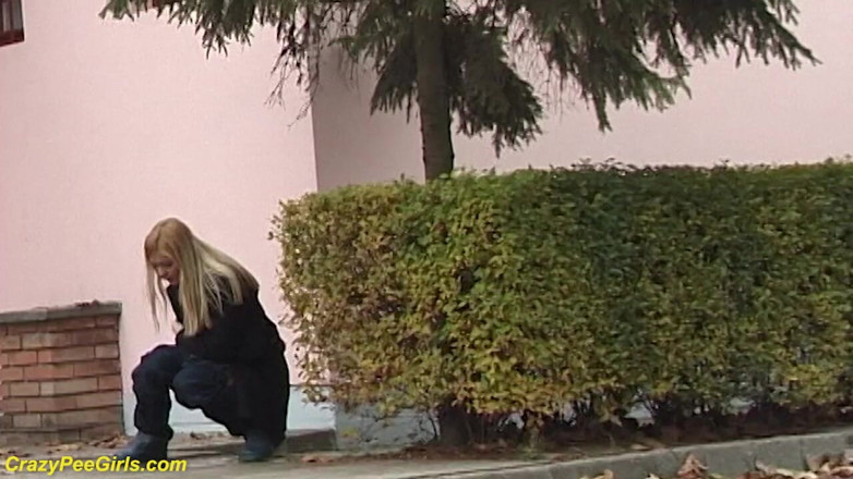Crazy pee girls: 茂みの後ろの通りで放尿する美しさ