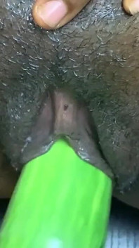 Awek seksi bertatah Afrika mengongkek timun besar