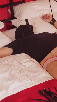 MILF Riding a Tied Slave's Face Dildo to Orgasm While His Cock Is Covered in a Chastity Cage