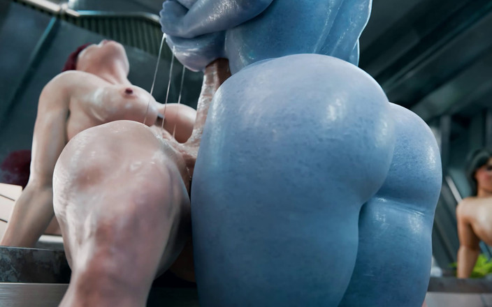 Futanari 3D: Nadržená Futa Liara šuká zrzku Femshep po sprše - 3 Výstřiky 3D