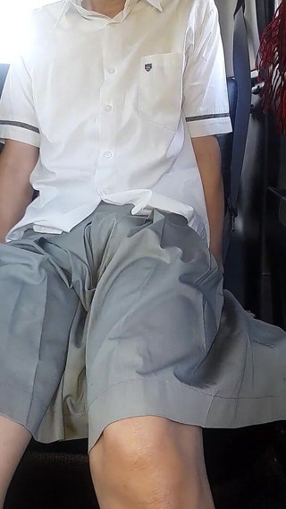 Asian Crossdresser Cum Wearing Grey School Girl Uniform