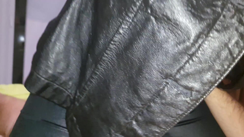 College-couple: Dry humping in a full leather outfit, leather leggings assjob...