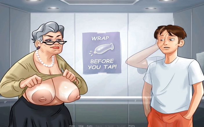 Hentai World: Sommarsaga styvgranny visar stora bröst i hiss