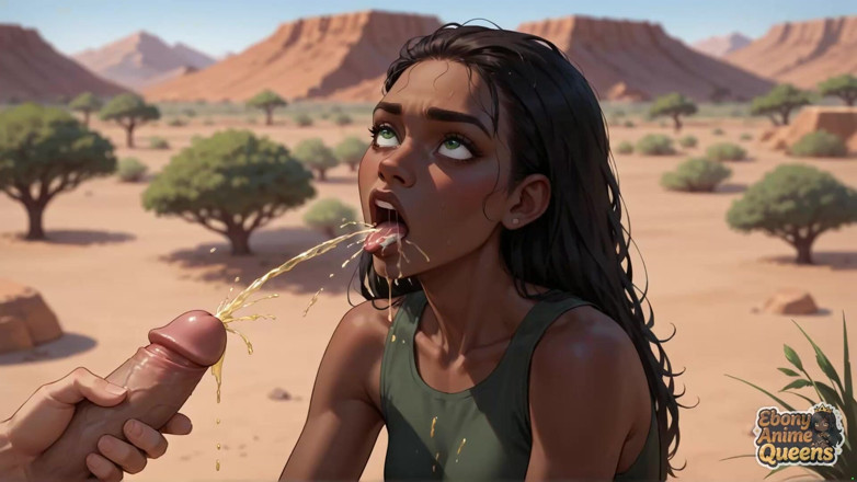 Ebony Anime Queens: Ebony Queen's Water-soaked Desert Climax: Horny, Sexy Ebony Chick!