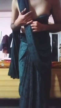 Indian Gay Crossdresser Bottom Pressing and Playing with Her Big Boobs in Black Saree Real Homemade XXX Sex