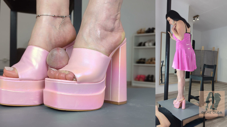 Dame Olga: Shoejob &amp; Cum on Pink Block Heel Mules Under Cock Table -...