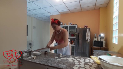 Strange stepfamily: Nudist housekeeper Regina Noir cooking at the kitchen. Naked maid...