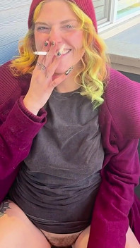Hairy Pussy Smoking on Front Porch