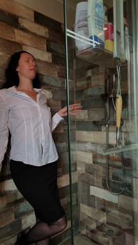 Hot Reporter Gets Into the Shower in Blouse