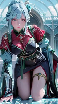 Ice Throne! Silver-haired Mage in Red-green Gown Kneeling, Blue-haired Partner Teasing in Snowy Realm!