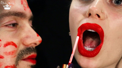Goddess Misha Goldy: Covering Alex face with red lipsticks kisses