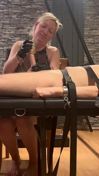 Strapped to Bondage Table Edged and Ruined