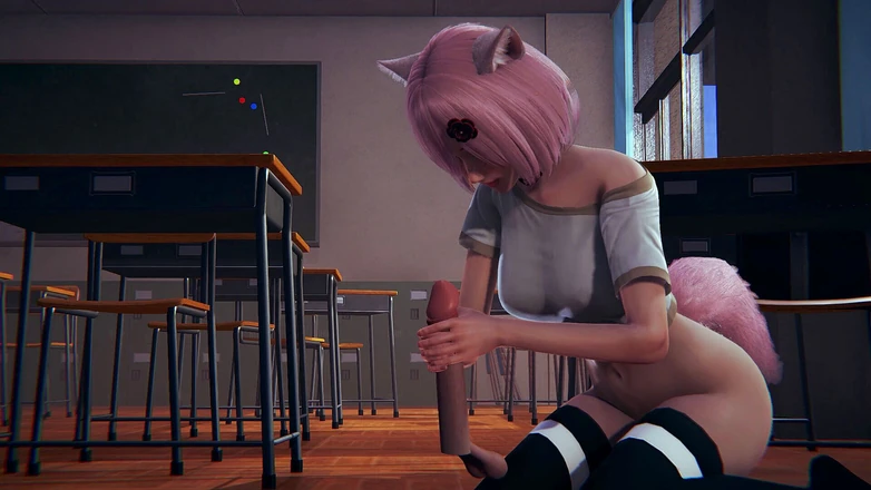 Waifu club 3D: Neko universitária masturba seu pau
