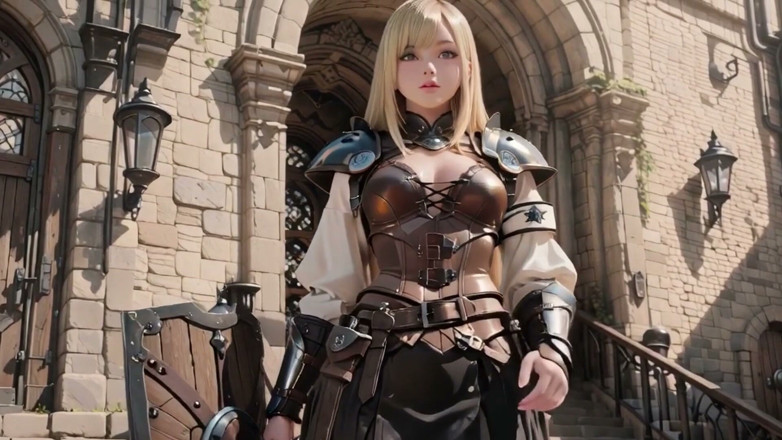 Seraphina Vale: ブロンドナイトのプライベート覚醒!城の中庭でひざまずき、冷たい鎧に当たる日差しを浴びながら夢見心地で見つめている。