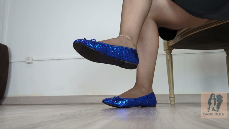 Dame Olga: Shoeplay, Shoe Dangling &amp; Walking in Blue Sequin Ballet Flats (shoe Collection) -...