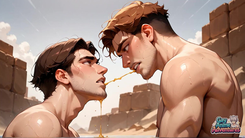 Gay Anime Adventures: 男同在沙漠阳光下射精，肌肉坚挺！