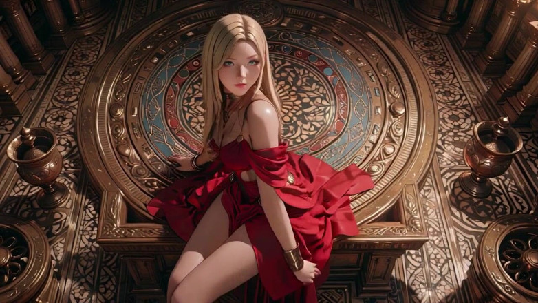 Seraphina Vale: Blond królowa w czerwieni! Siedząc przy fontannie, dostosowując swoją rozciętą...