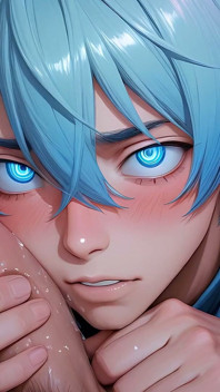 Un joli garçon anime serre des couilles étroites pendant une branlette rapide et agressive