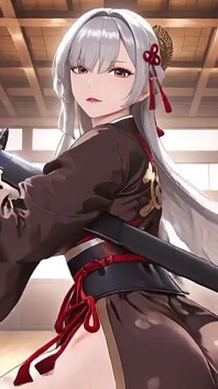 Red & Black Kimono Slightly Open, Dual Swords in Hand yet Undeniably Seductive.