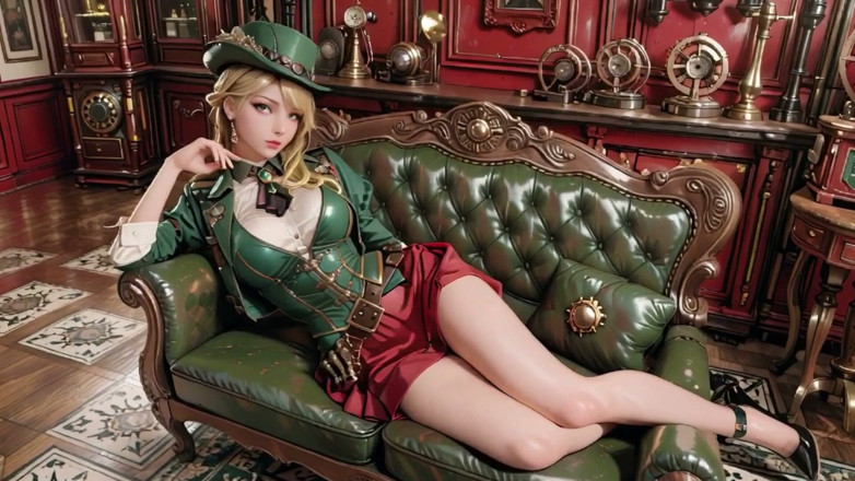 Seraphina Vale: スチームパンクのブロンド秘書!巨大な歯車の中でのんびりしたポーズ