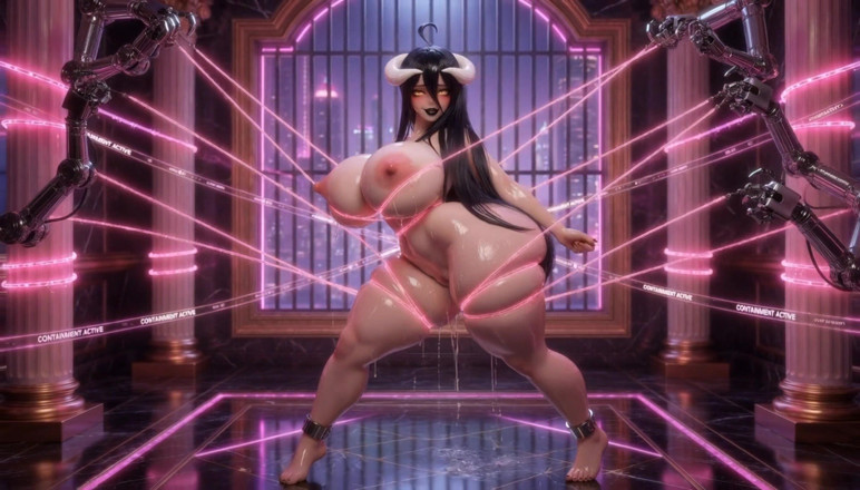 Stories&Anime: Albedo roze laserbondage - enorme tieten geperst en poesje geplaagd