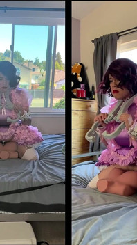 섹스 인형 장난감을 가지고 갇히는 핑크 새틴 Sissy Maid