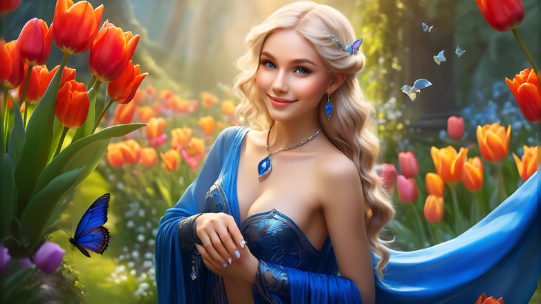 LustRender: 12. Sosteniendo tulipán con una sonrisa, usando joyas de diamantes...