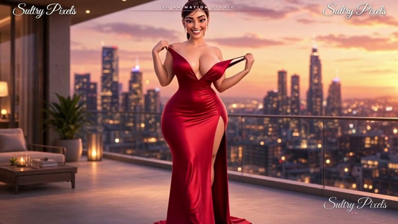 Sultry Pixels 3D: Elegante brünette mit einem Haarbrötchen strippt auf der Terrasse - Kleid...