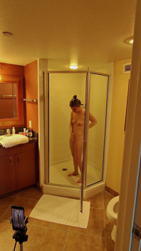 Hubby Checking up While I'm Shooting a Little Shower Video