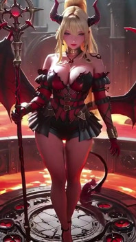 溶岩玉座!金髪の魔女王がひざまずき、翼を広げ、グラスで怠惰にからかう。