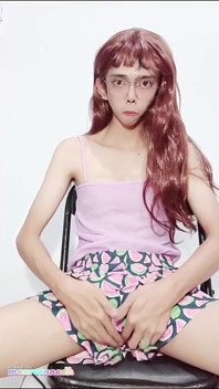 Asian Nerd Skinny Shemale CD Masturbating with Fake Vagina
