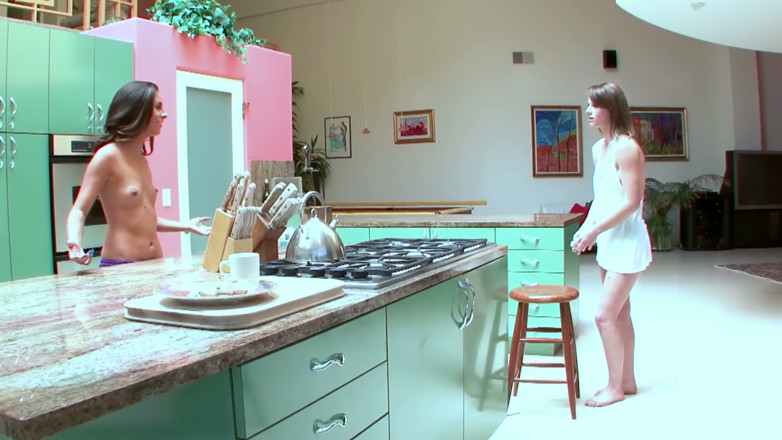 Lesbian Love Movies: Kitchen Counter Is Close Enough - Brunettes Undress Each Other Right...