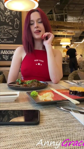 AnnyGrace: Pretty girl in white stockings masturbating at restaurant - Annygrace