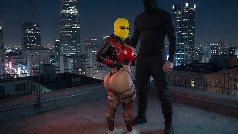 Animate golden: Petite Big Ass Girl in Yellow Balaclava Dominated on Rooftop