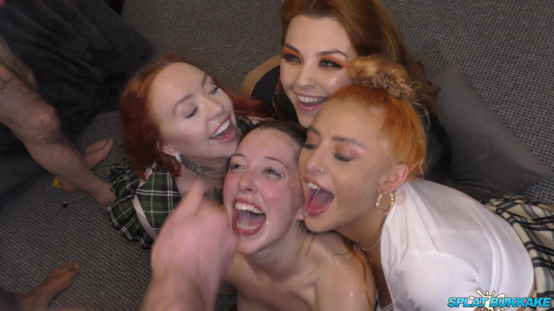 Gangbang team: Четыре дикие телочки с рыжими волосами в Блоубэнг-экшене