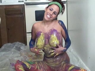 Solo Sensations: Horny slut is rubbing paints all over her flawless skin