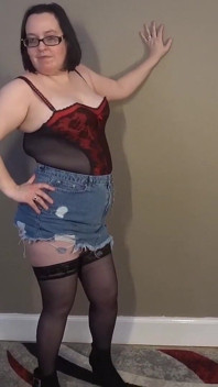 Striptease in Denim Skirt Basque Stockings and Heels
