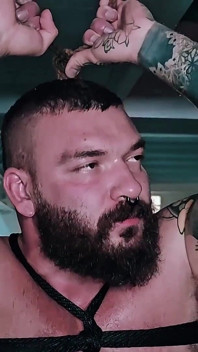 Muscle Hairy Sub Bondage & Piss. Bearded Master Uses a Kinky Pig