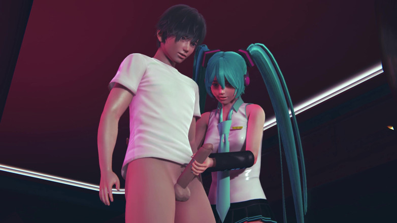 Waifu club 3D: Miku jerks off cock to guest in public