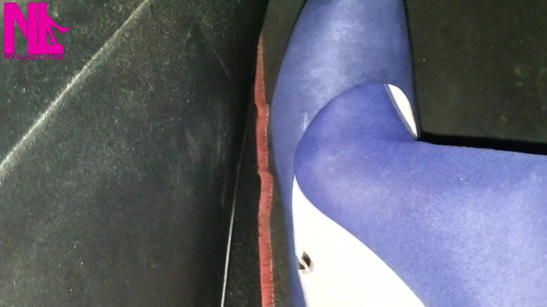 Nyllady: Dangling in Blue Pantyhose and Blue Flats on a Gas...
