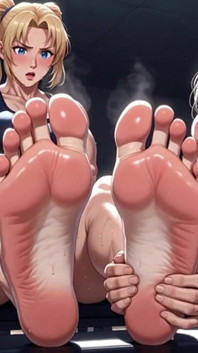 Old Woman Licking Muscular Womans Feet in Gym - Humiliation