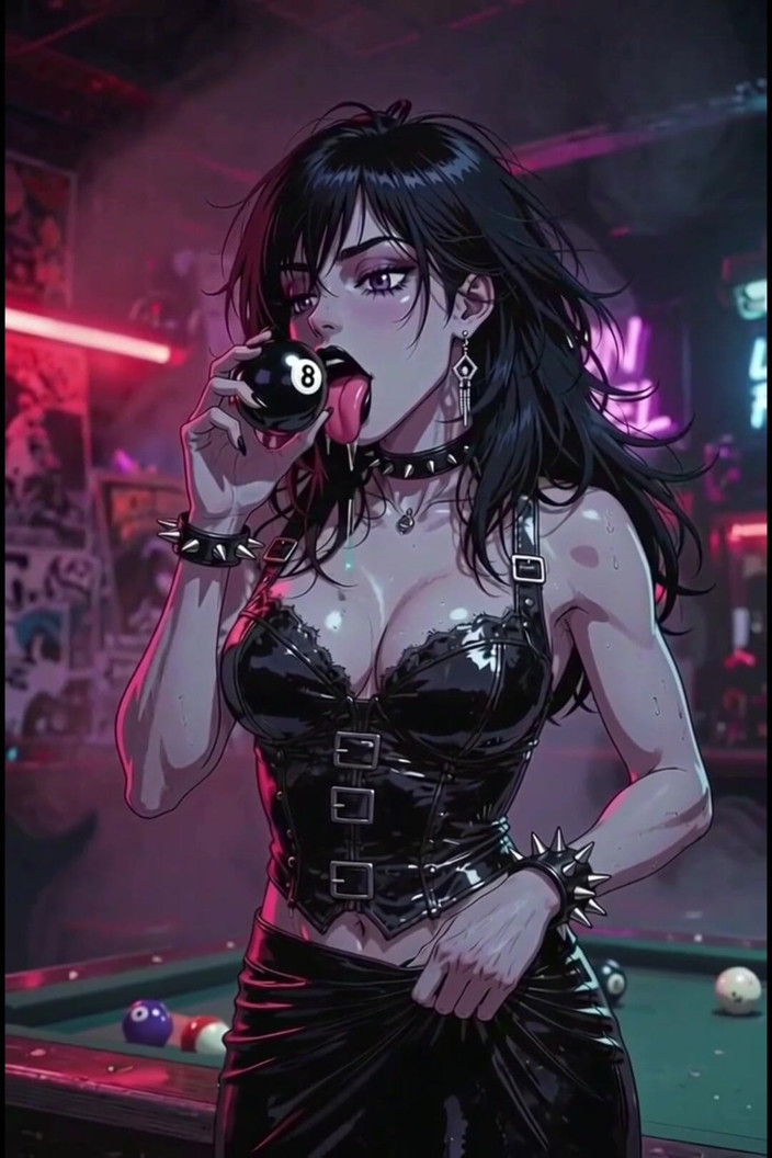 Wertstofsamler: Dark Anime Woman in Bar at Billiards, Rocker Leather