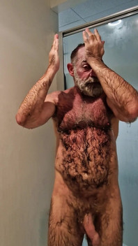 Hairy Muscle Bear Flexes and Showers
