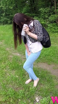 Skinny Girl Desperate to Pee and Afraid She Will Wet Her Jeans in the Forest